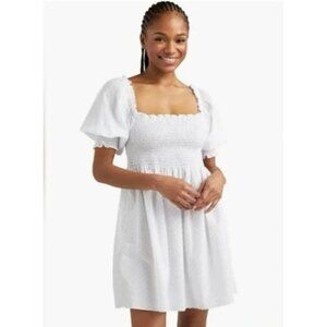 Hill House Athena Nap Dress White Swiss Dot Smocked Mini Dress, Size M
